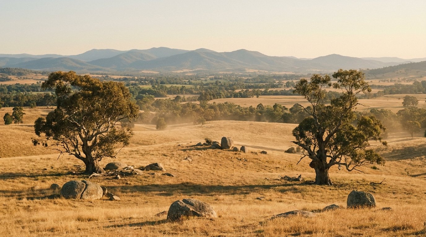 Dry golden paddocks, granite boulders and river red gums below the hazy ranges of North East Victoria